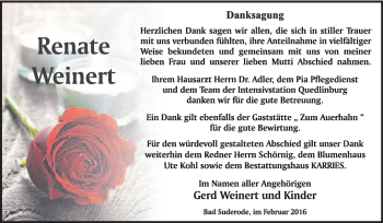 Traueranzeige von Renate Weinert von WVG - Wochenspiegel Quedlinburg