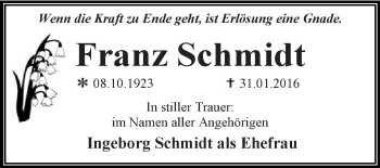 Traueranzeige von Franz Schmidt von WVG - Wochenspiegel Dessau / Köthen