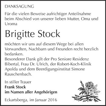 Traueranzeige von Brigitte Stock von WVG - Wochenspiegel NMB / WSF / ZTZ