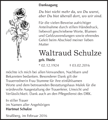 Traueranzeige von Waltraud Schulze von WVG - Wochenspiegel Quedlinburg