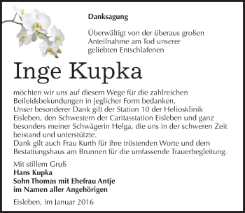 Traueranzeige von Inge Kupka von Mitteldeutsche Zeitung Mansfelder Land