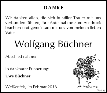 Traueranzeige von Wolfgang Büchner von Mitteldeutsche Zeitung Weißenfels