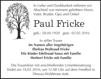 Traueranzeige von Paul Fricke von WVG - Wochenspiegel Dessau / Köthen