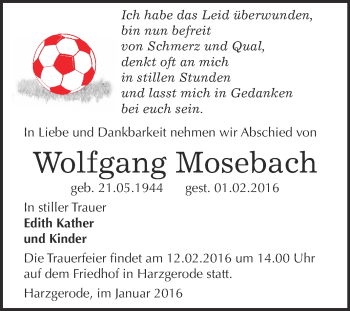 Traueranzeige von Wolfgang Mosebach von Super Sonntag Quedlinburg