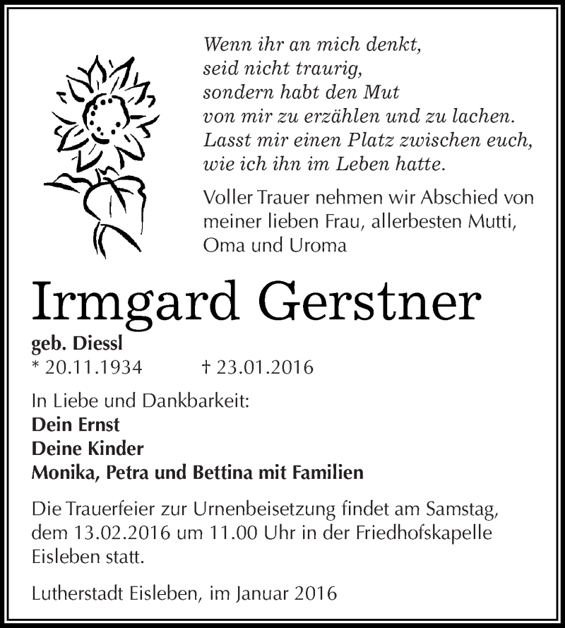  Traueranzeige für Irmgard Gerstner vom 03.02.2016 aus Wochenspiegel Mansfelder Land