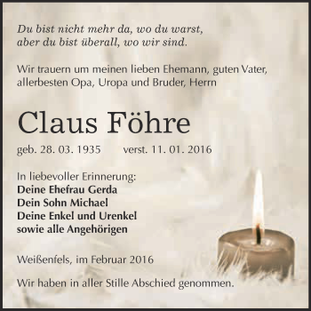 Traueranzeige von Claus Föhre von WVG - Wochenspiegel NMB / WSF / ZTZ