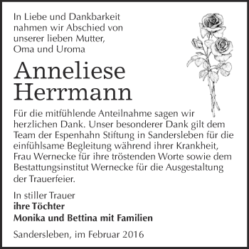 Traueranzeige von Anneliese Herrmann von Super Sonntag SGH Mansf. Land