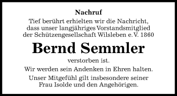 Traueranzeige von Bernd Semmler von Mitteldeutsche Zeitung Aschersleben