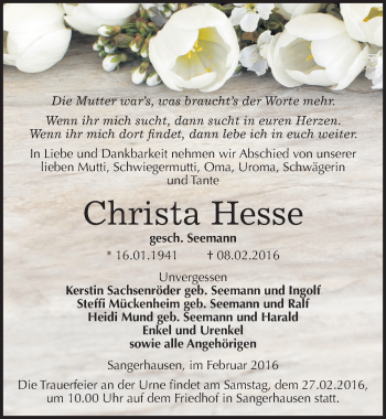 Traueranzeige von Christa Hesse von Mitteldeutsche Zeitung Sangerhausen