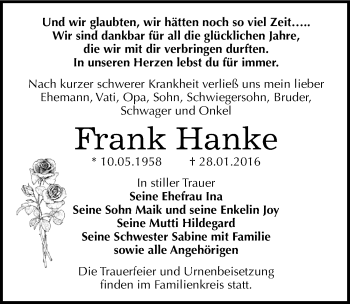 Traueranzeige von Frank Hanke von Mitteldeutsche Zeitung Dessau-Roßlau