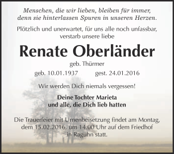 Traueranzeige von Renate Oberländer von WVG - Wochenspiegel Bitterfeld