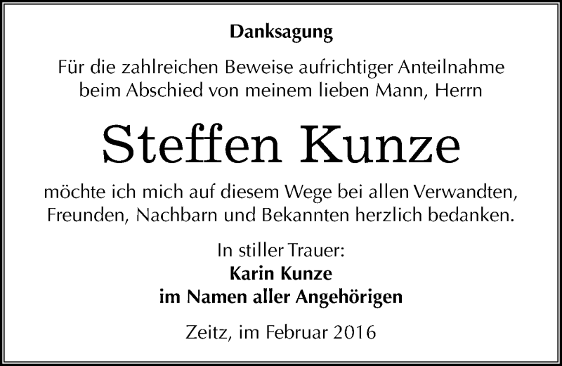  Traueranzeige für Steffen Kunze vom 06.02.2016 aus Mitteldeutsche Zeitung Zeitz