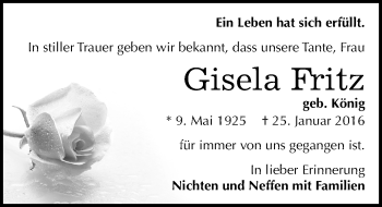 Traueranzeige von Gisela Fritz von Mitteldeutsche Zeitung Dessau-Roßlau