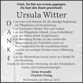Traueranzeige von Ursula Witter von Super Sonntag SGH Mansf. Land