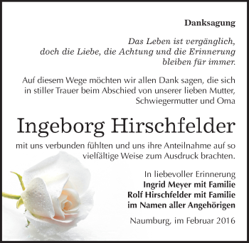 Traueranzeige von Ingeborg Hirschfelder von Mitteldeutsche Zeitung Naumburg/Nebra