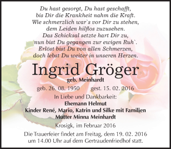 Traueranzeige von Ingrid Gröger von Mitteldeutsche Zeitung Halle/Saalkreis