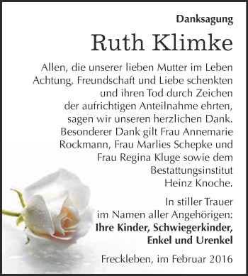 Traueranzeige von Ruth Klimke von Super Sonntag Aschersleben