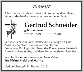 Traueranzeige von Gertrud Schneider von Mitteldeutsche Zeitung Mansfelder Land