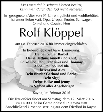 Traueranzeige von Rolf Klöppel von Mitteldeutsche Zeitung Zeitz