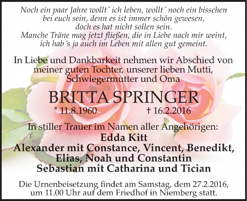  Traueranzeige für Britta Springer vom 20.02.2016 aus Mitteldeutsche Zeitung Halle/Saalkreis