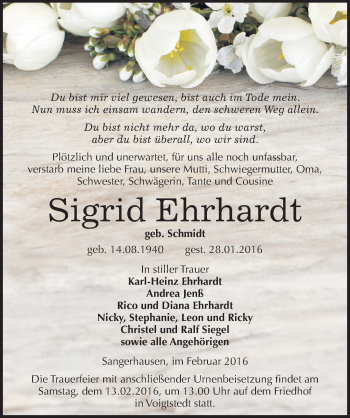 Traueranzeige von Sigrid Ehrhardt von Mitteldeutsche Zeitung Sangerhausen