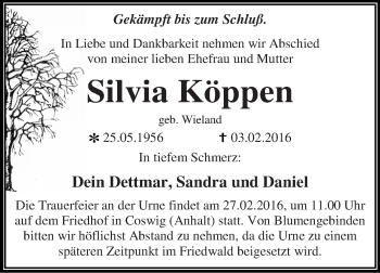 Traueranzeige von Silvia Köppen von WVG - Wochenspiegel Dessau / Köthen