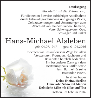 Traueranzeige von Hans-Michael Alsleben von Mitteldeutsche Zeitung Köthen