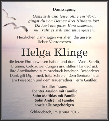 Traueranzeige von Helga Klinge von WVG - Wochenspiegel Merseburg