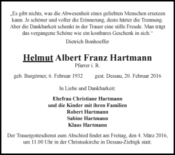 Traueranzeige von Helmut Albert Franz Hartmann von WVG - Wochenspiegel Dessau / Köthen