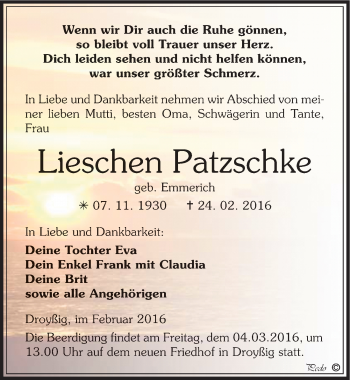 Traueranzeige von Lieschen Patzschke von Mitteldeutsche Zeitung Zeitz