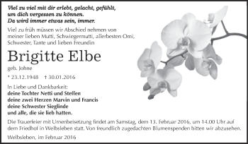 Traueranzeige von Brigitte Elbe von Super Sonntag Aschersleben