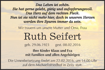 Traueranzeige von Ruth Seifert von Super Sonntag Zeitz