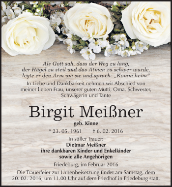 Traueranzeige von Birgit Meißner von Mitteldeutsche Zeitung Mansfelder Land