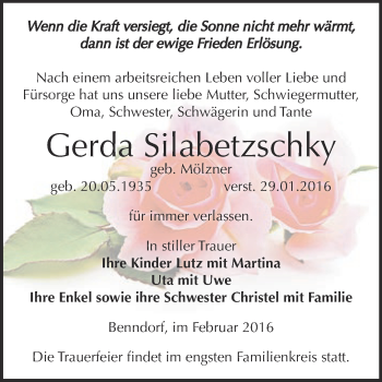 Traueranzeige von Gerda Silabetzschky von Super Sonntag SGH Mansf. Land