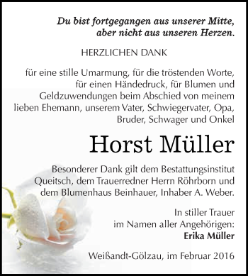 Traueranzeige von Horst Müller von WVG - Wochenspiegel Dessau / Köthen