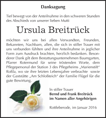 Traueranzeige von Ursula Breitrück von Super Sonntag SGH Mansf. Land