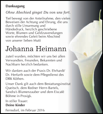 Traueranzeige von Johanna Heimann von WVG - Wochenspiegel Dessau / Köthen
