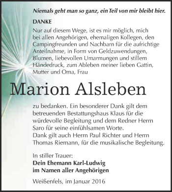 Traueranzeige von Marion Alsleben von WVG - Wochenspiegel NMB / WSF / ZTZ