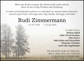 Traueranzeige von Rudi Zimmermann von WVG - Wochenspiegel Dessau / Köthen