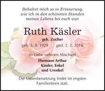 Traueranzeige von Ruth Käsler von Mitteldeutsche Zeitung Weißenfels