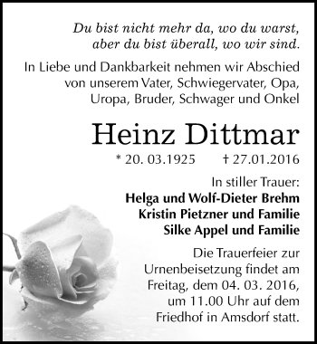 Traueranzeige von Heinz Dittmar von Mitteldeutsche Zeitung Mansfelder Land