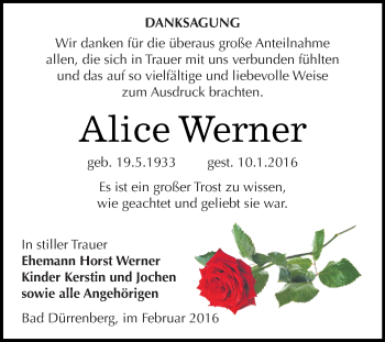 Traueranzeige von Alice Werner von WVG - Wochenspiegel Merseburg