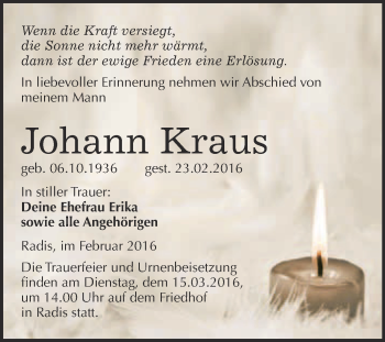 Traueranzeige von Johann Kraus von WVG - Wochenspiegel Wittenberg