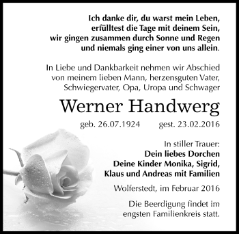 Traueranzeige von Werner Handwerg von Mitteldeutsche Zeitung Sangerhausen