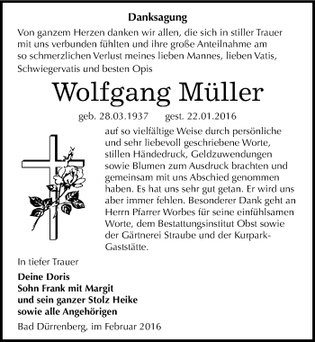 Traueranzeige von Wolfgang Müller von Mitteldeutsche Zeitung Merseburg/Querfurt