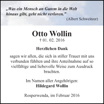 Traueranzeige von Otto Wollin von Super Sonntag SGH Mansf. Land