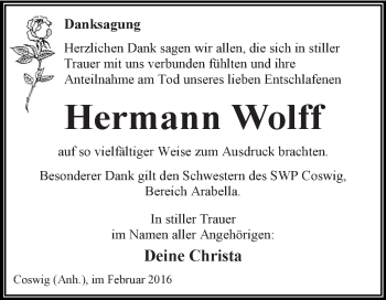 Traueranzeige von Hermann Wolff von WVG - Wochenspiegel Dessau / Köthen