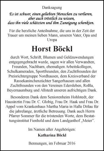 Traueranzeige von Horst Böckl von Super Sonntag SGH Mansf. Land