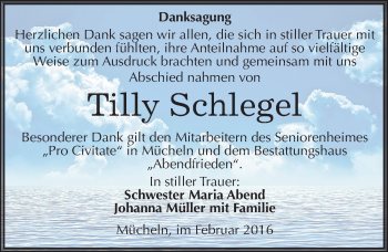 Traueranzeige von Tilly Schlegel von Mitteldeutsche Zeitung Merseburg/Querfurt