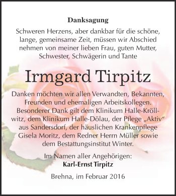 Traueranzeige von Irmgard Tirpitz von WVG - Wochenspiegel Bitterfeld